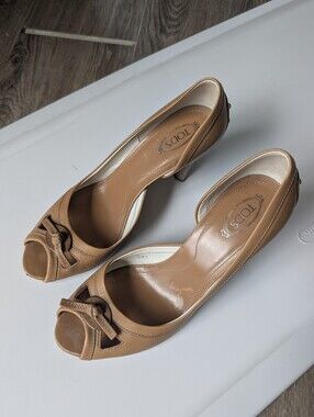Tod's Camel Leather Peep-Toe Heels with Bow Accent